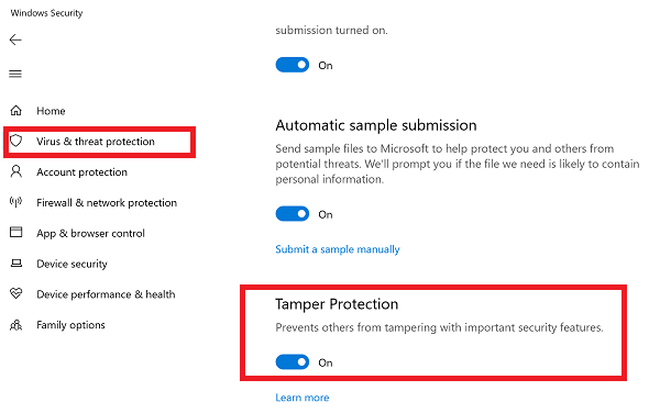 Deshabilitar Habilitar protección contra manipulaciones Método de interfaz de usuario de Windows 10