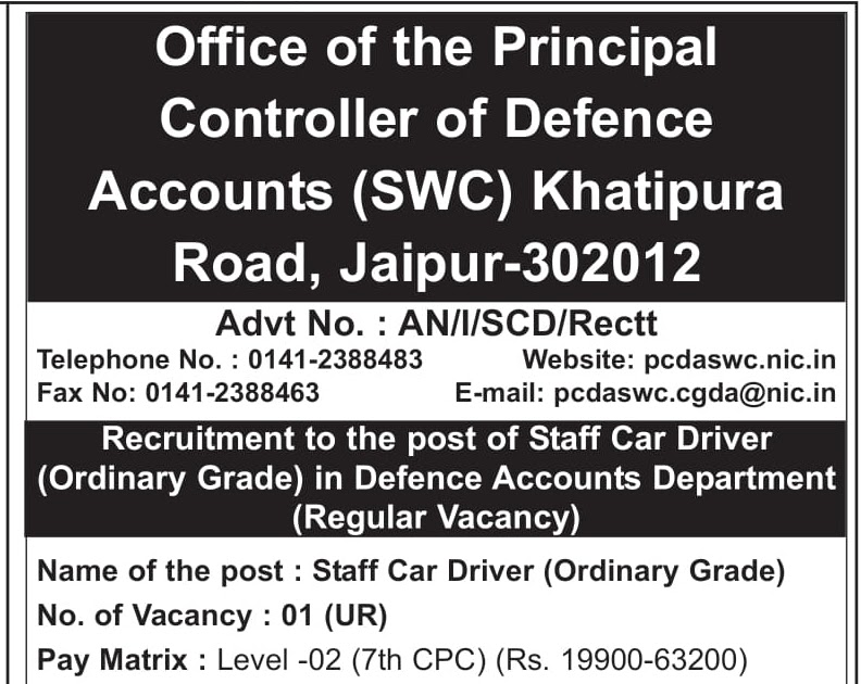 PCDA SWC Jaipur Recruitment 2021 Apply 01 Staff Car Driver Vacancy