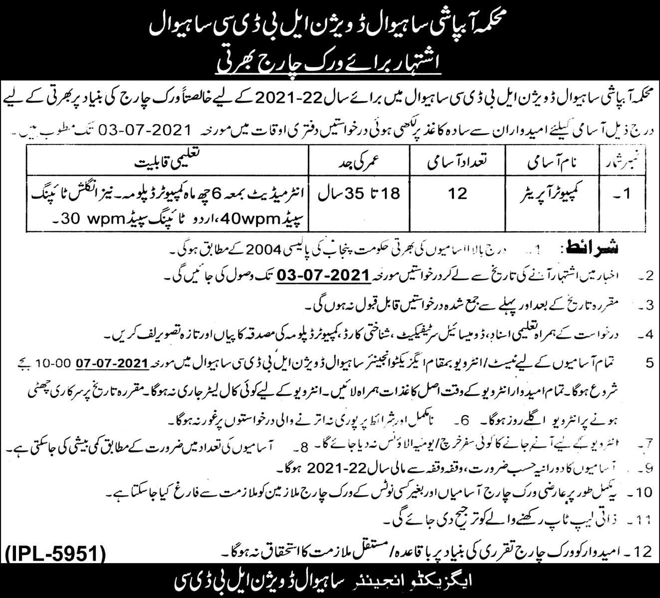 Irrigation Department Sahiwal Jobs 2021 in Pakistan