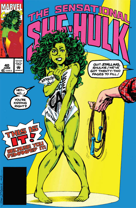 Portada con She-Hulk desnuda tapándose con un periódico.