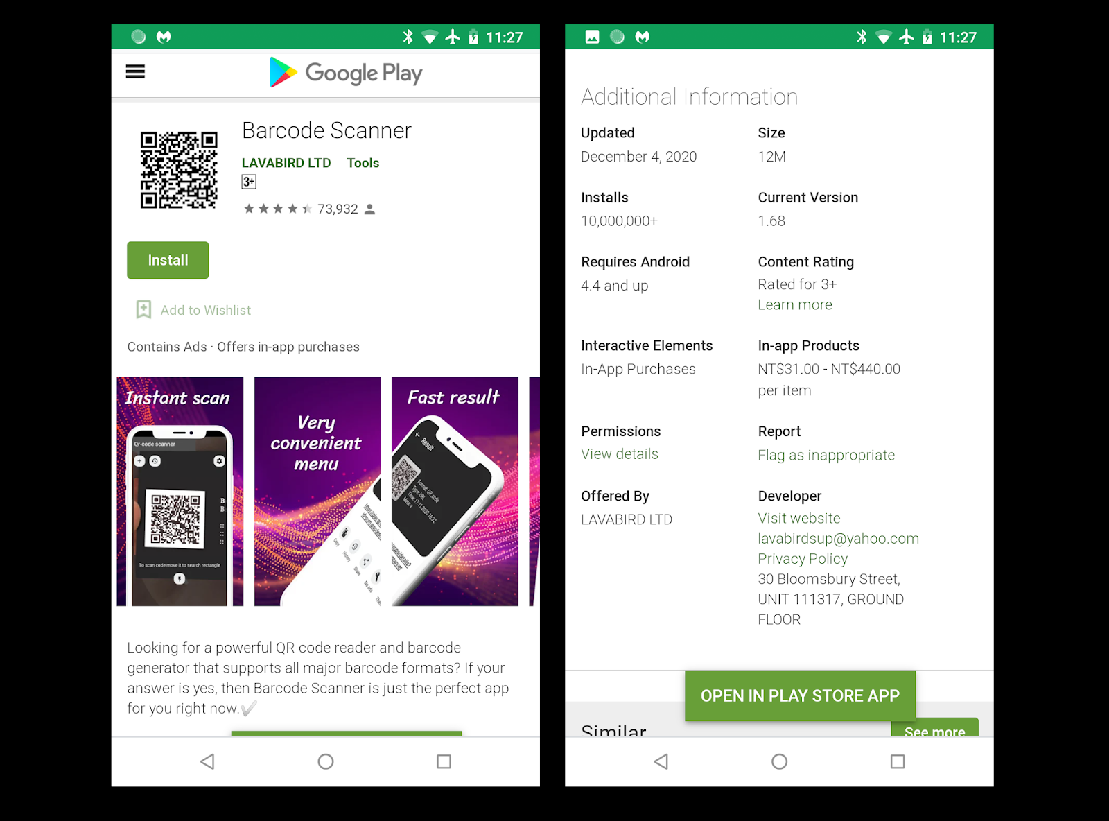 The Android app named “Barcode Scanner” on Google Play Store has