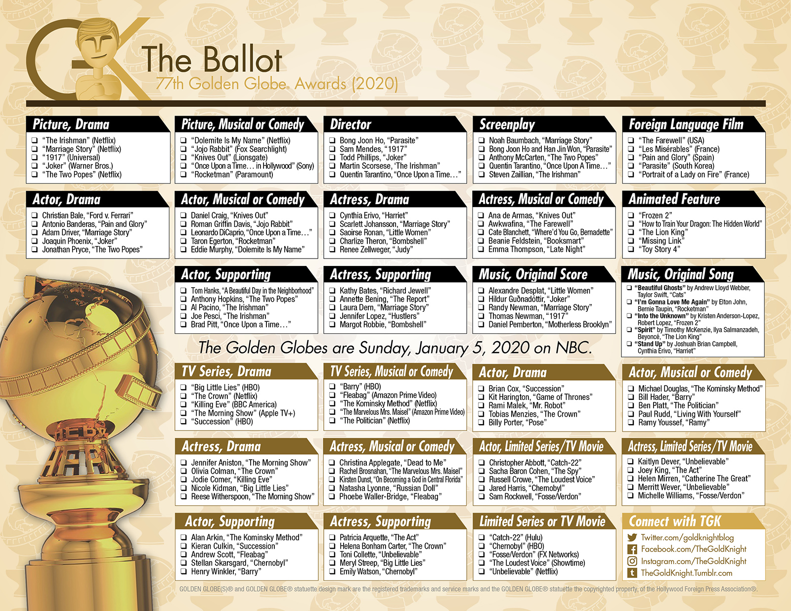 2020 Golden Globe Awards printable ballot | The Gold Knight - Latest Academy Awards ...