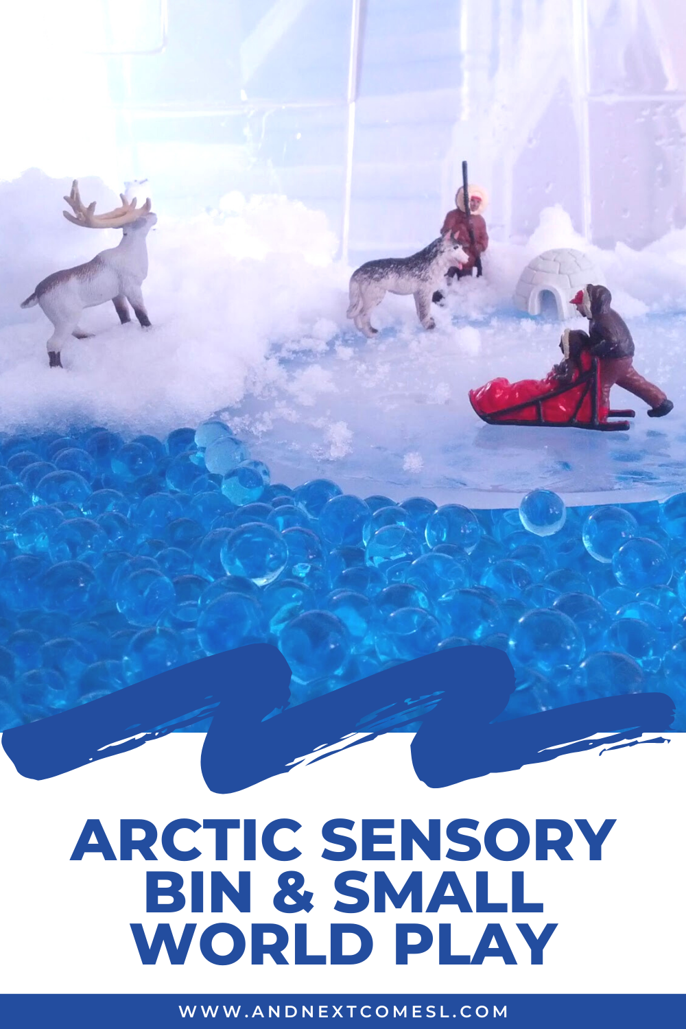 Arctic sensory bin and arctic animals small world - with water beads, snow, and ice
