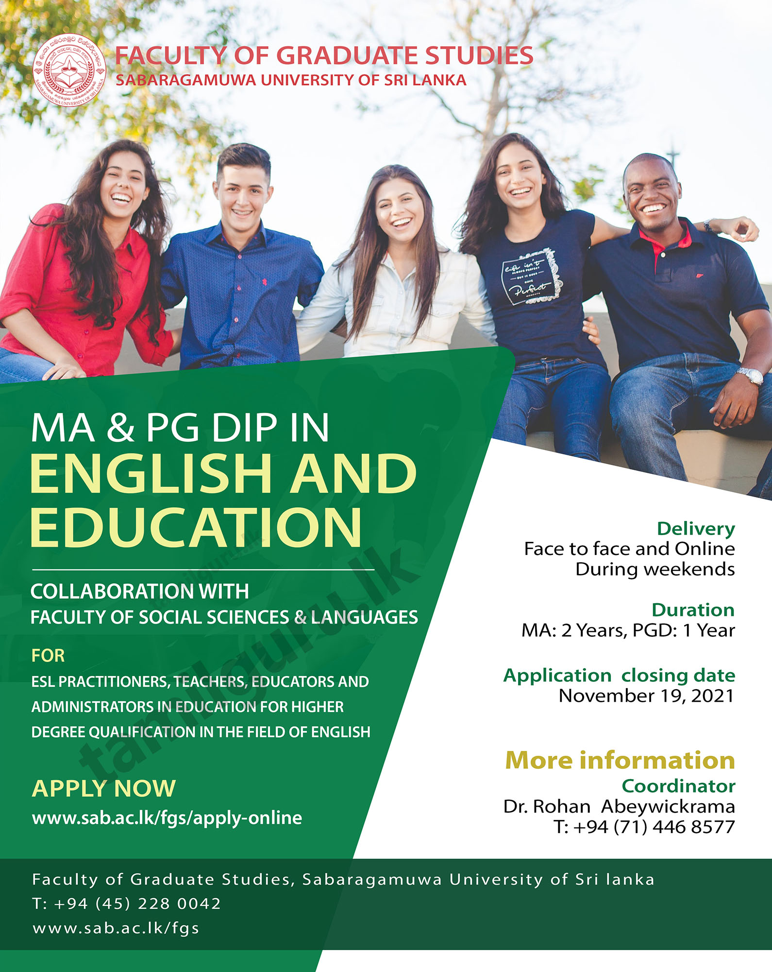 Master of Arts (MA) / PGD in English and Education 2021 - Sabaragamuwa University of Sri Lanka
