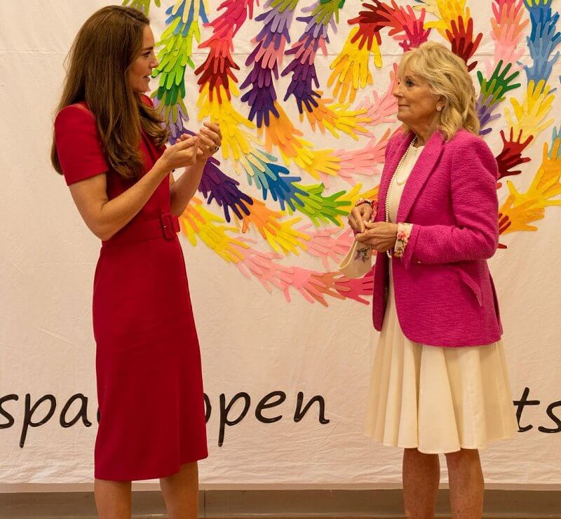 Kate Middleton wore a new midi pencil dress from Alexander McQueen. US First Lady Jill Biden wore a pink tweed blazer from L'agence