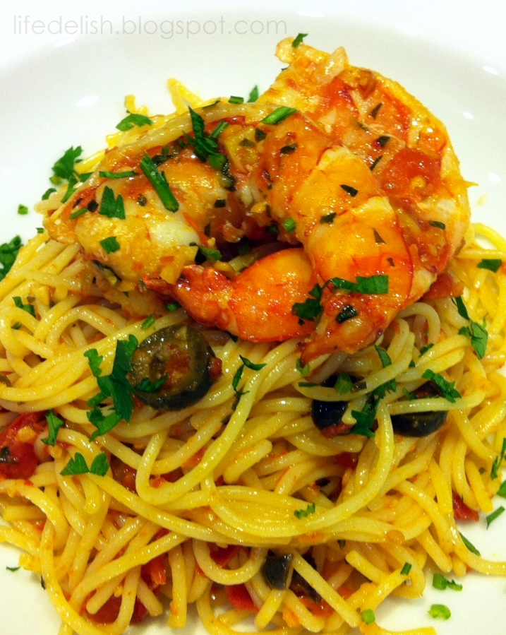 Life is Delish Tiger Prawn Pasta with Sundried Tomato and Black Olives