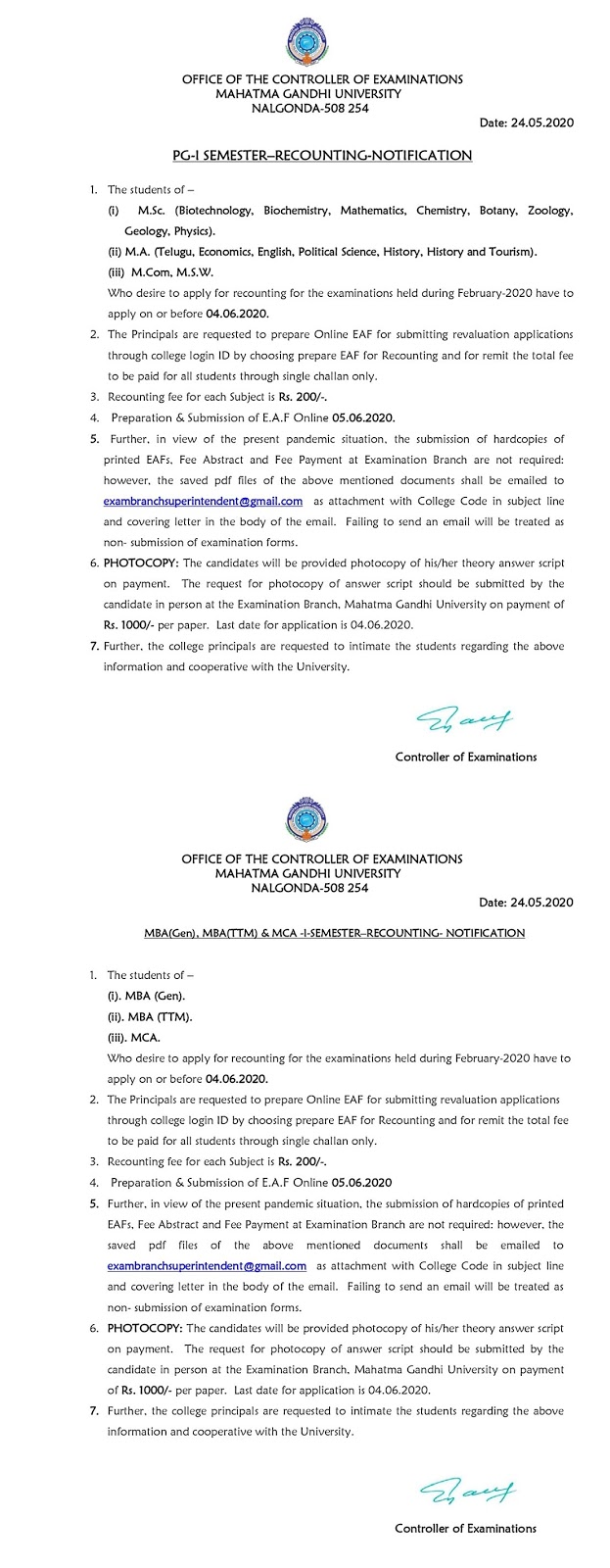 mahatma gandhi university nalgonda pg 1st sem june 2020 recounting fee notification