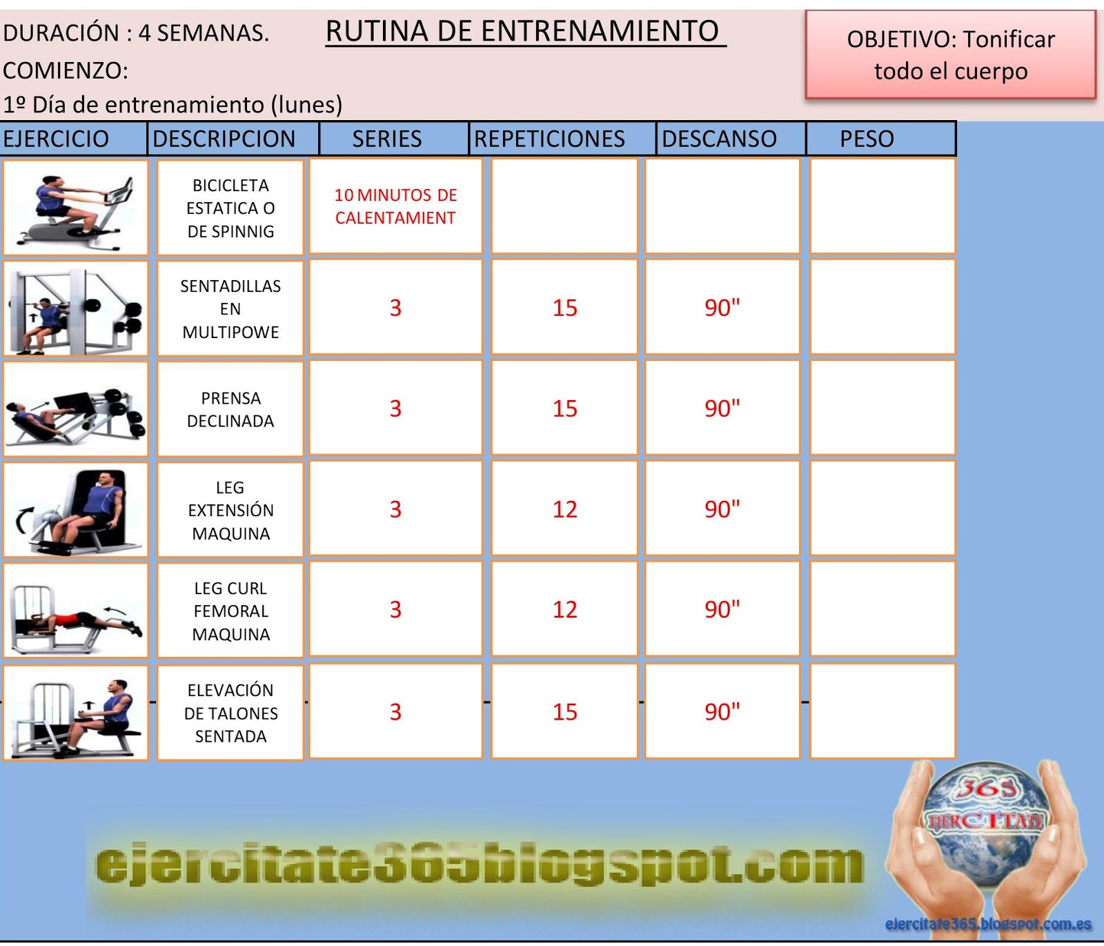 Rutina tonificacion hombre 4 dias
