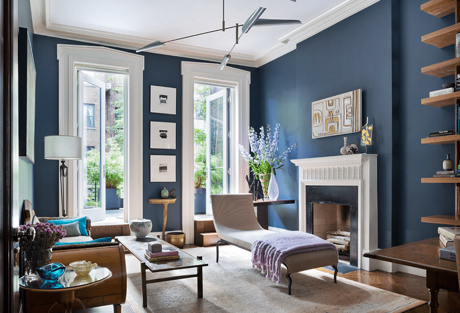 blue and wood living room