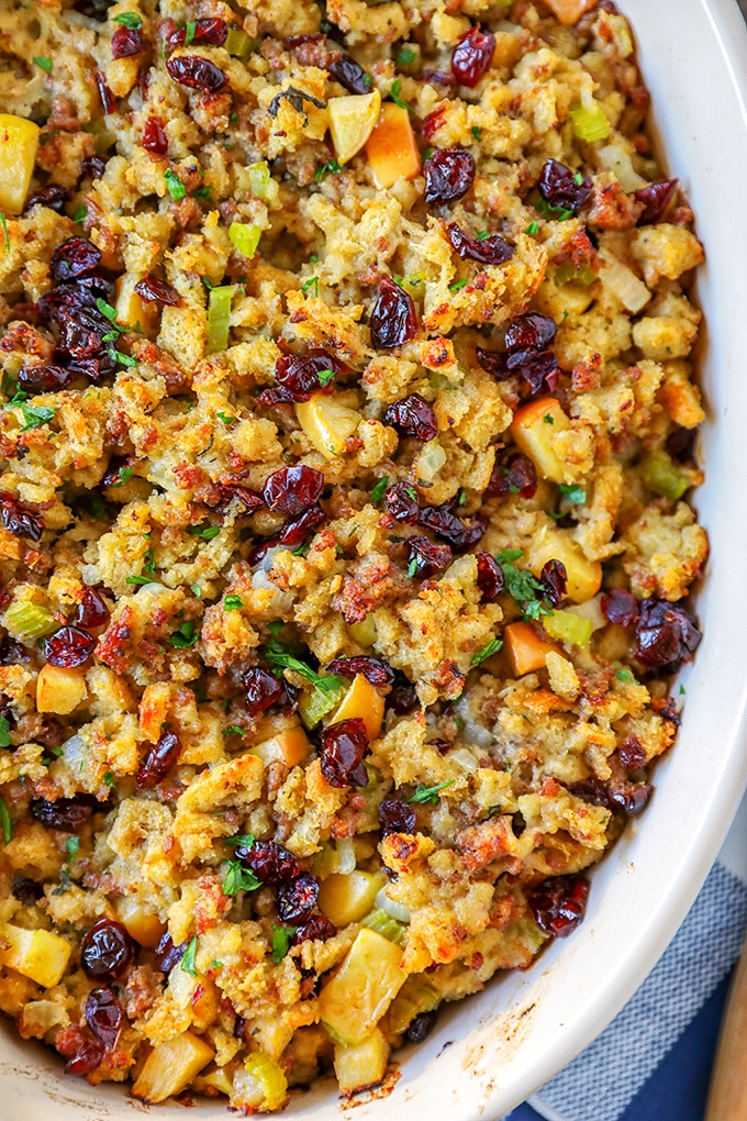This stuffing recipe is so easy. Sausage, apples and cranberry combined with fresh herbs and buttery toasted bread crumbs!