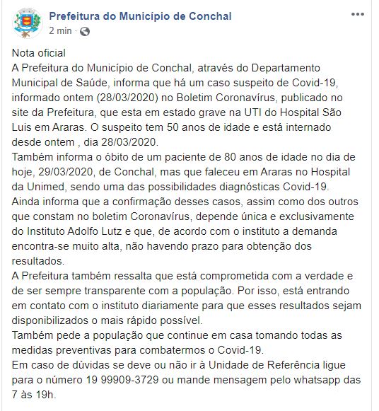 Primeira morte com suspeita de coronavírus é registrada em Conchal - Grupo Rio Claro SP