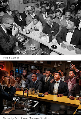 Comparing photographs of scene from movie "One Night in Miami" with original Bob Gomel photo of Cassius Clay (Muhammad Ali) with Malcolm X