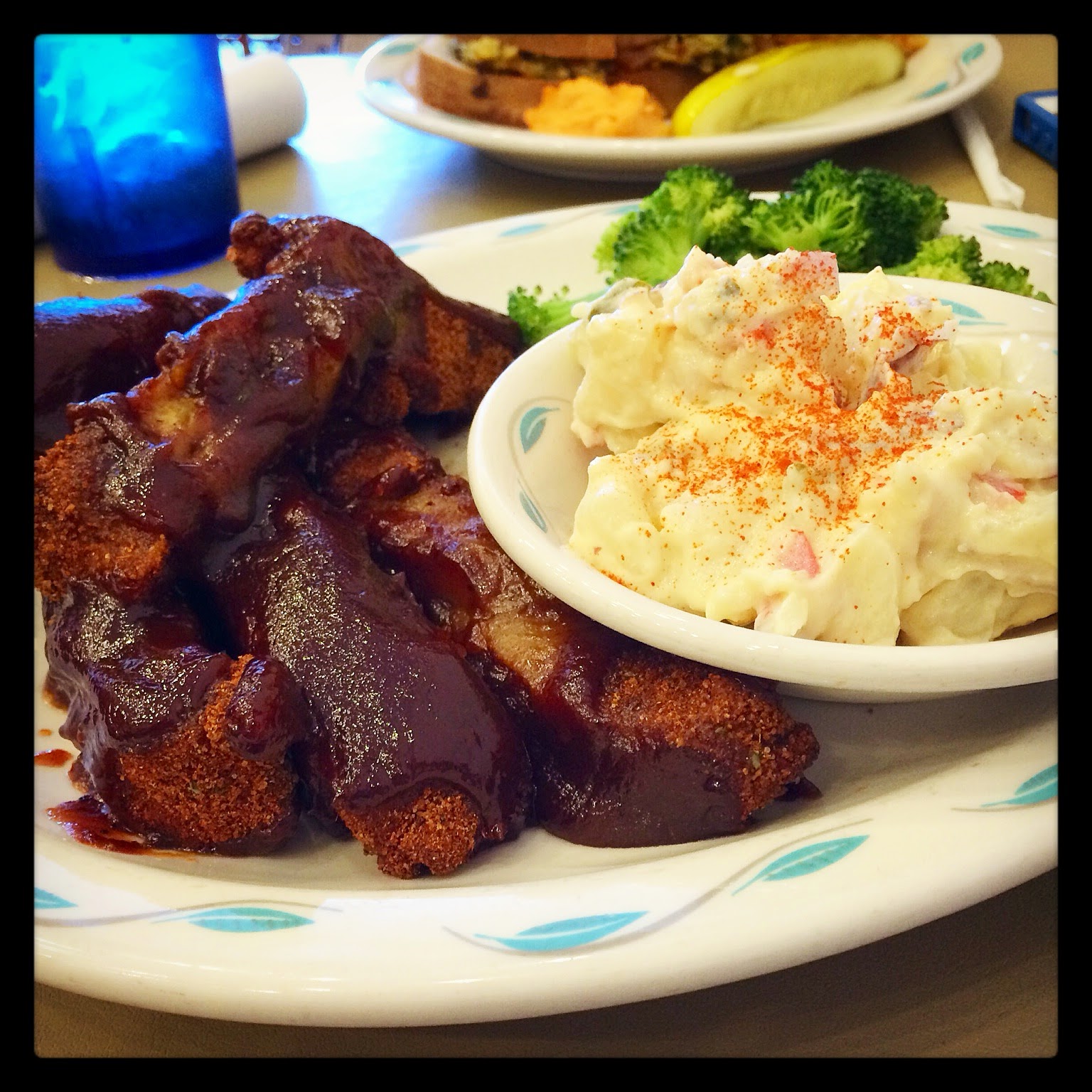 Vegetarian Heather's Restaurant Bay City, Michigan Special Item: Vegan Ribs, Potato Salad and Broccoli (substituted for corn on the cob)