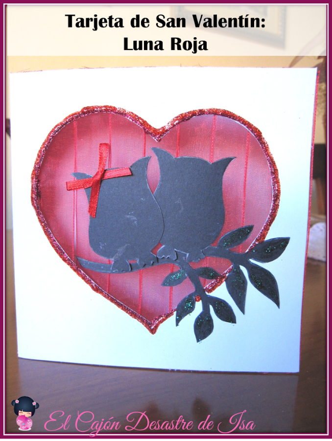 imágen para pinear de tarjeta scrapbooking para San Valentín luna roja y siluetas de búhos enamorados