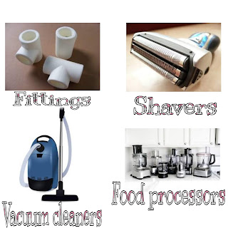 This image shows uses of acrylonitrile butadiene styrene in fittings, shavers, vacuum cleaners, food processors.