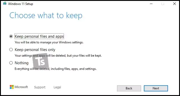 الاحتفاظ بالملفات تثبيت Windows 11