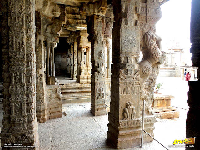 Beautifully carved pillars inside the Veerabhadra Swamy Temple at Lepakshi, in Andhra Pradesh, India