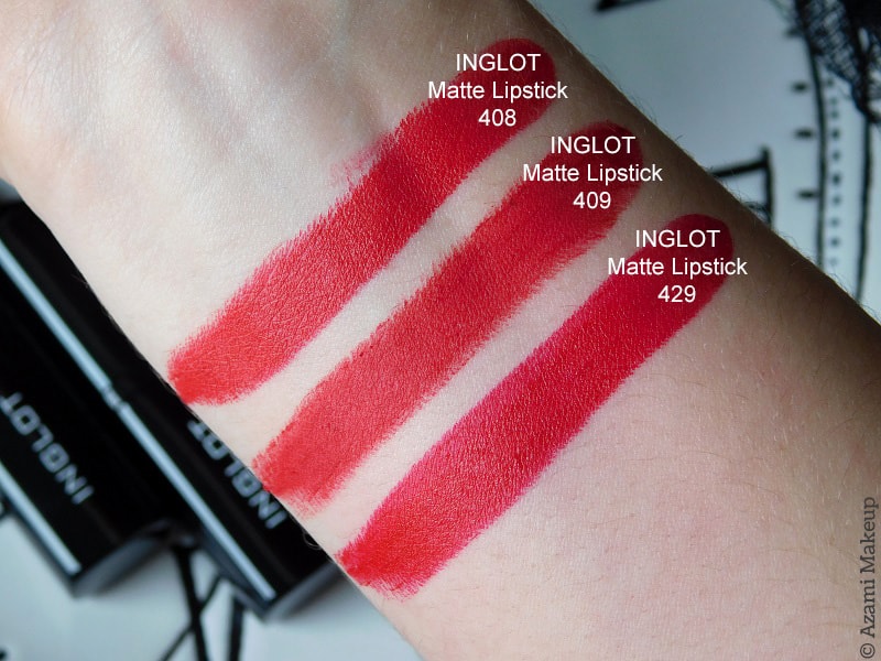 Inglot Cosmetics | Matte Red Lipsticks 408 409 429 Review & Swatches - Avis Rouge à lèvres - Comparison Comparaison M.A.C. Dupes Ruby Woo, Russian Red, Red Rock, M.A.C. Red Satin
