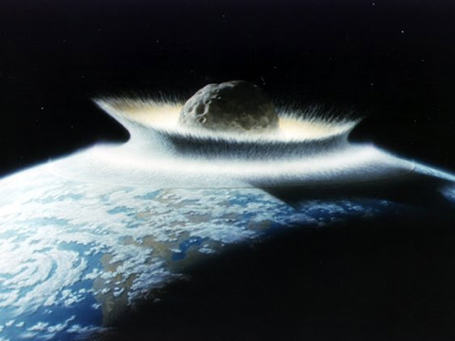 An artist's concept of a catastrophic asteroid impact with the Earth