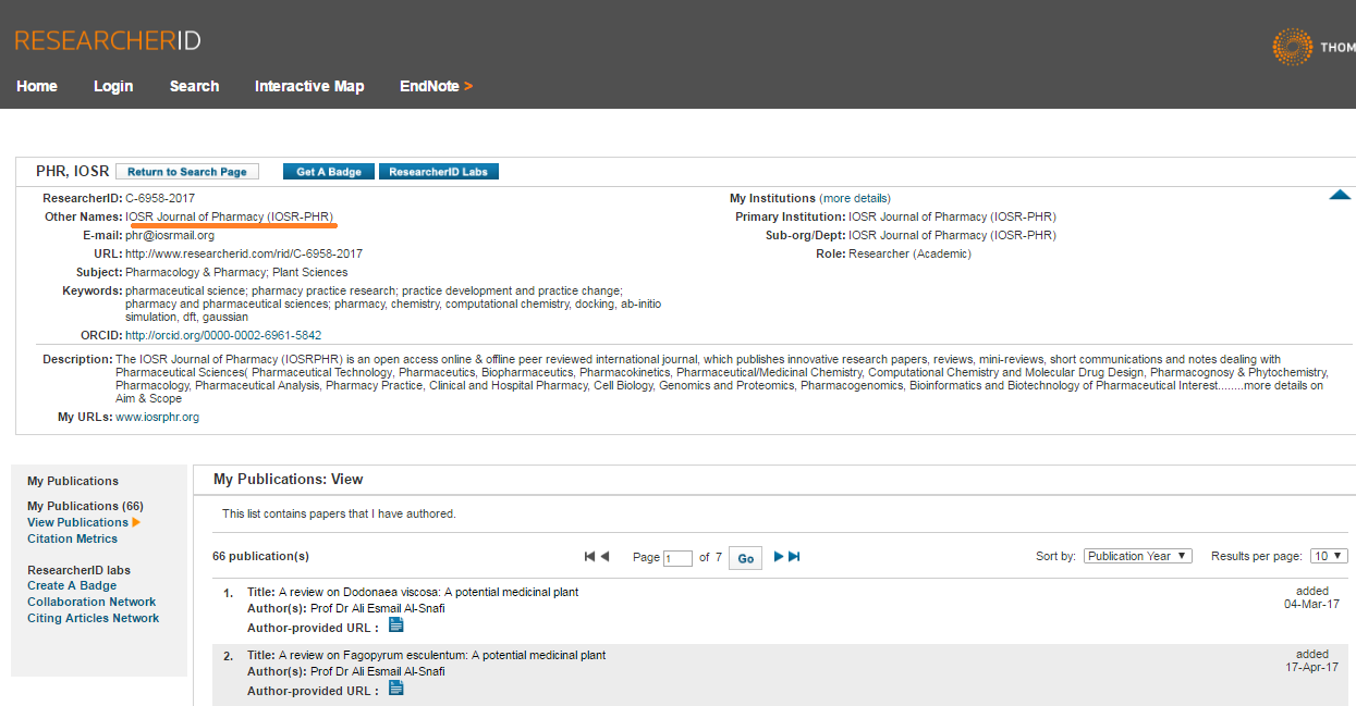 IOSR Journal of Pharmacy Indexed Thomson Reuters' s Researcher id