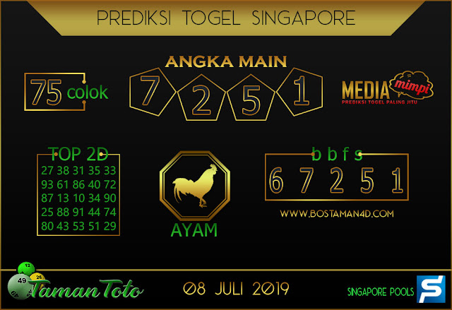 Prediksi Togel SINGAPORE TAMAN TOTO 08 JULI 2019