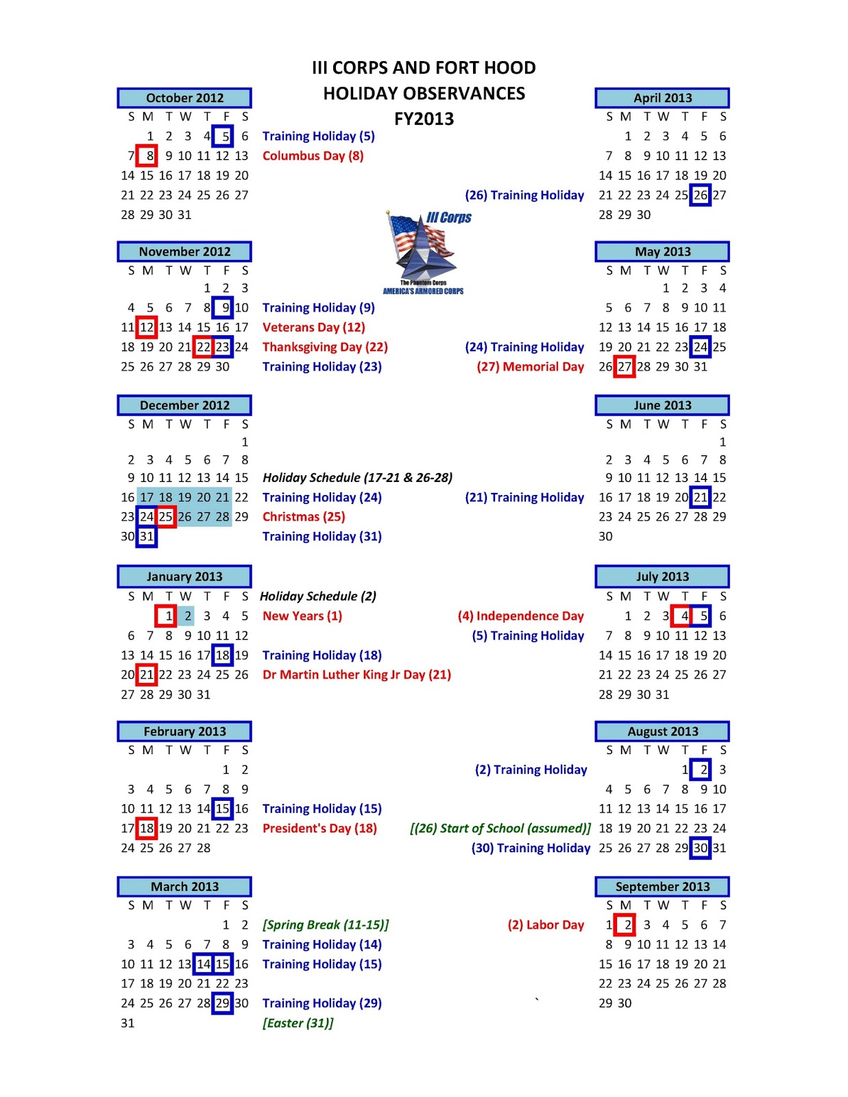 Fort Hood Training Calendar - Customize and Print