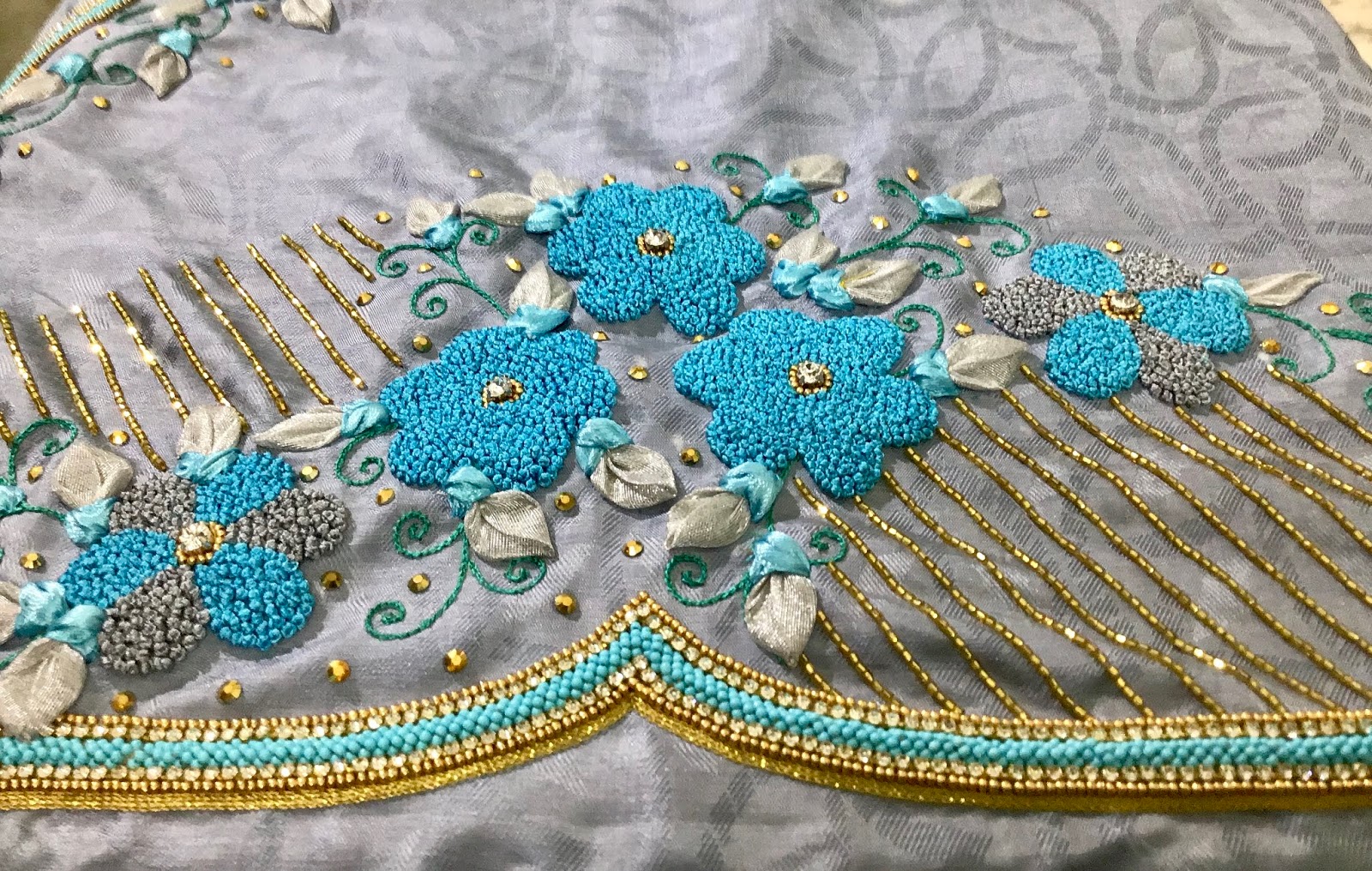 French knot work for fancy silk saree