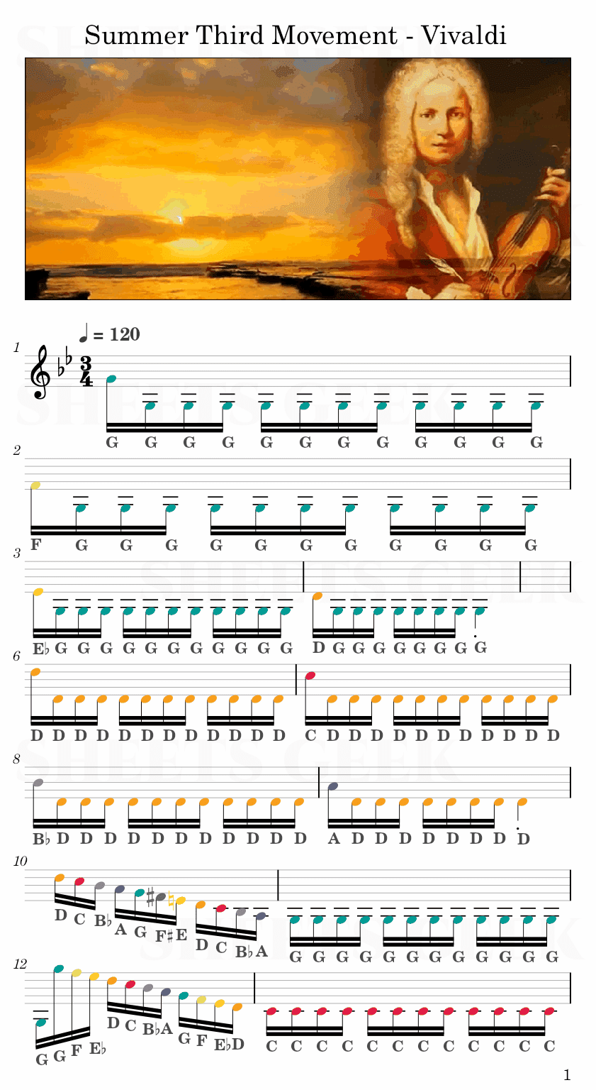 Summer Third Movement - Vivaldi Easy Sheet Music Free for piano, keyboard, flute, violin, sax, cello page 1