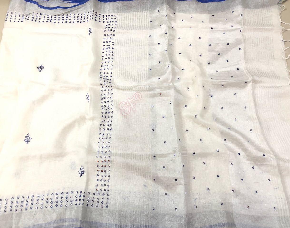 Pure Silver Lenin Silk Sarees With Allover Mirror Work