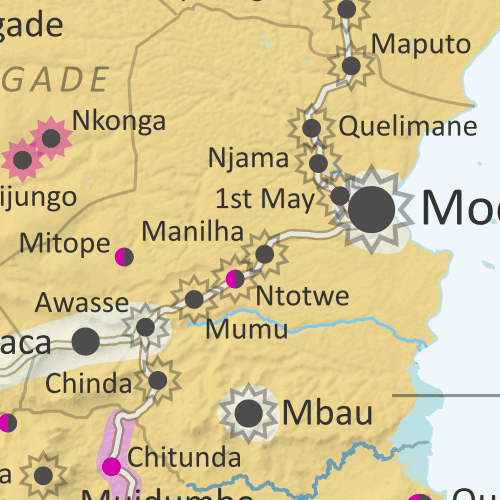 Mozambique: Cabo Delgado conflict map - August 2021: Detailed, close-up control map showing areas occupied by so-called ISIS-linked rebels in northern Mozambique (also known as Ahlu Sunnah Wa Jama, ASWJ, Ansar al-Sunnah, or Al Shabaab), plus towns and villages raided by the insurgents over the past month. Situation after Rwandan military intervention that took back Mocímboa da Praia and other towns from the rebels. Shows roads, rivers, and terrain, and includes key locations of the insurgency such as Palma, Awasse, Nchinga, Ntotwe, the Total LNG site and natural gas fields, and many more towns and villages. Updated to August 31, 2021. Colorblind accessible.