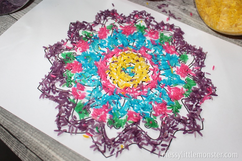 Coloured Rice Rangoli Patterns with Template Messy Little Monster