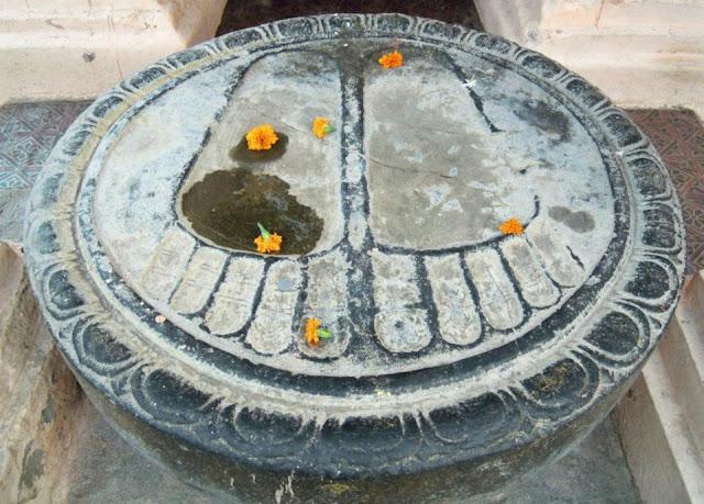 A symbolic representation of the footprints of the Buddha at the Mahabodhi Temple, Bodhgaya