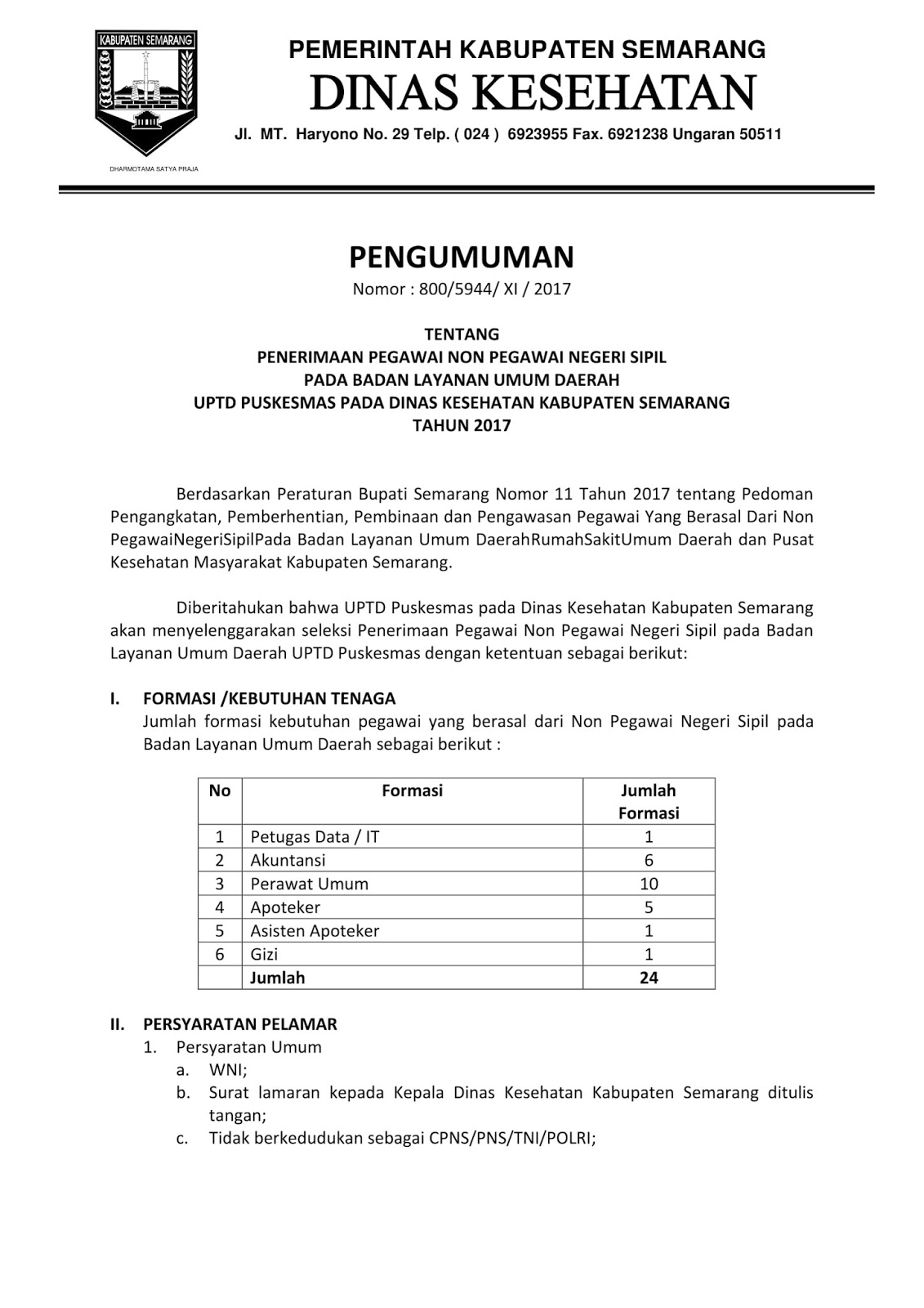 Lowongan Kerja Non PNS Dinas Kesehatan Semarang Juni 2018 