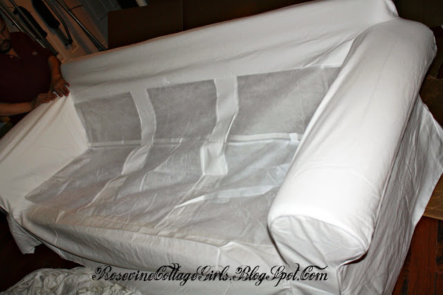 Putting on the slip covers on the Ikea Couch | Ikea Couch Review | Rosevinecottagegirls.com