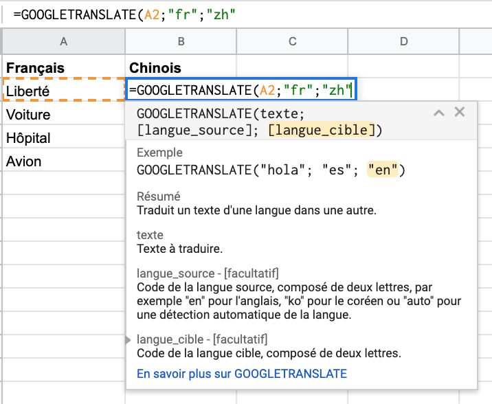 Traduire les mots directement dans Google Sheets