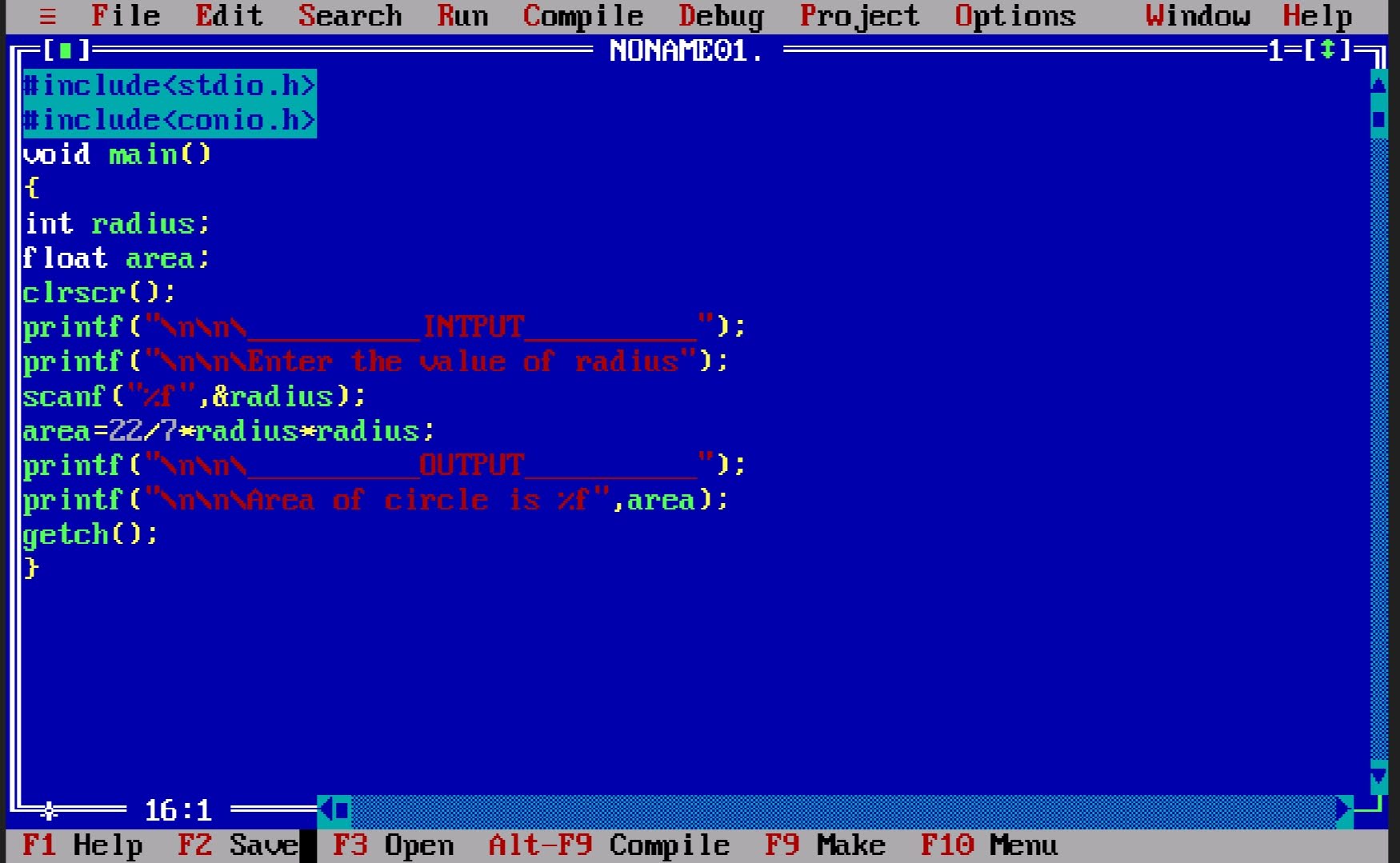 WAP to area of circle ( program based on structure of C programming)