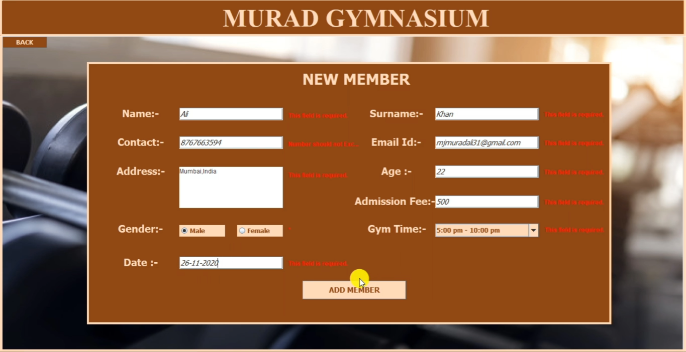 Gym Management System Project using Java and MySQL
