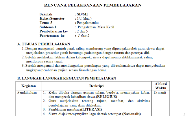 RPP 1 Lembar PJOK Lengkap kelas 1,2,3,4,5 dan 6 SD/MI