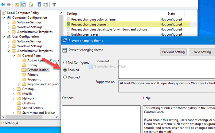 사용자가 Windows 10에서 테마를 변경하지 못하도록 하는 방법