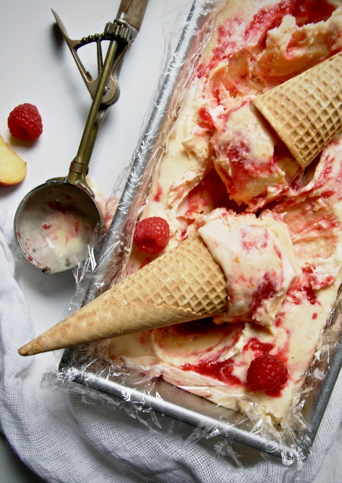 salted sugared spiced™: Peach Buttermilk Ice Cream w/ Raspberry Swirl