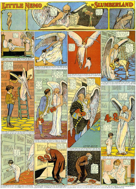 "Little Nemo in Slumberland". Quadrinhos de Winsor McCay publicados originalmente na virada de 1905 para 1906. Clique na imagem de domínio público para ampliar.