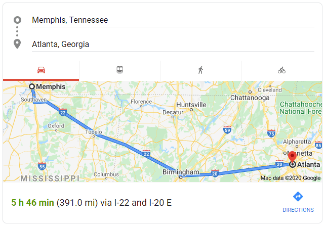 Memphis Atlanta drive map
