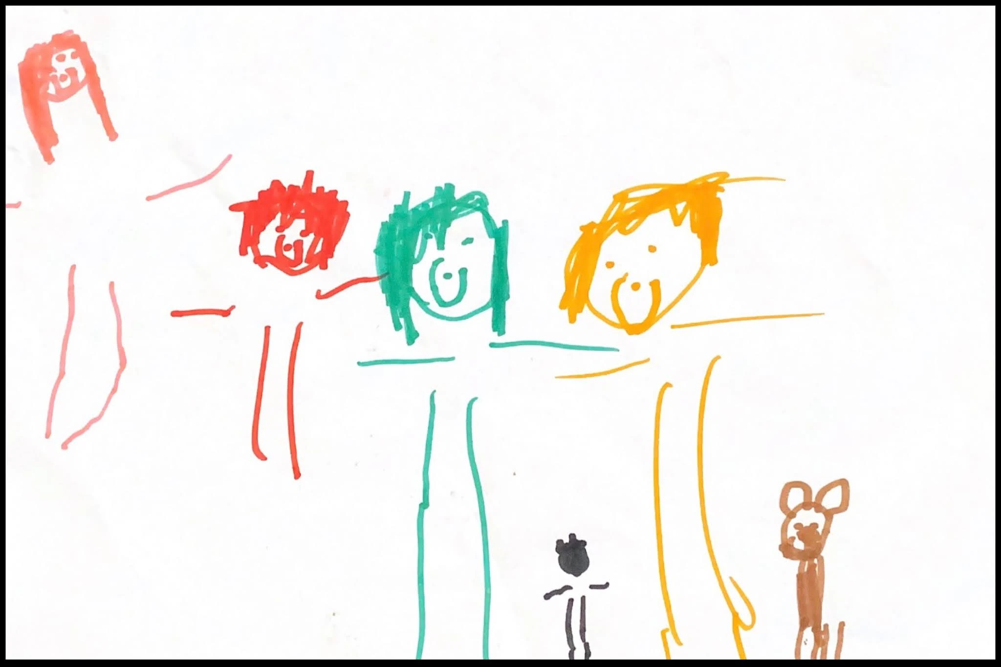 A family of 5 and a cat drawn by a 4 year old. The bodies are all very basic with arms, legs and heads (no torso)
