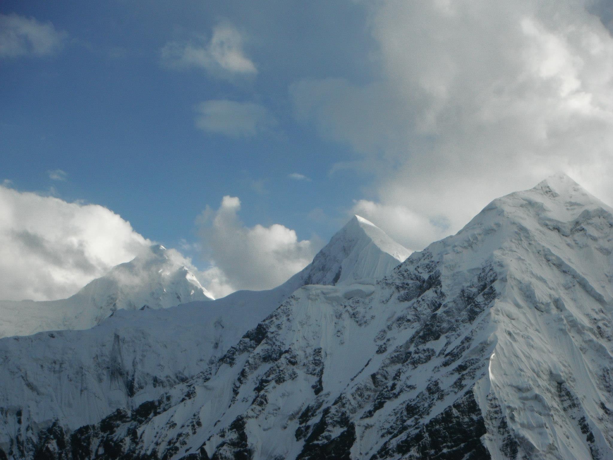 peaks in Shimshal valley. peaks in Hispar Muztagh. Trivor 7577 m (Left) Momhil Sar 7414 m (Middle) Dut Sar 6220 m (Right) Hispar Muztagh, Karakoram Shimshal  Hunza, Gilgit Baltistan Pakistan