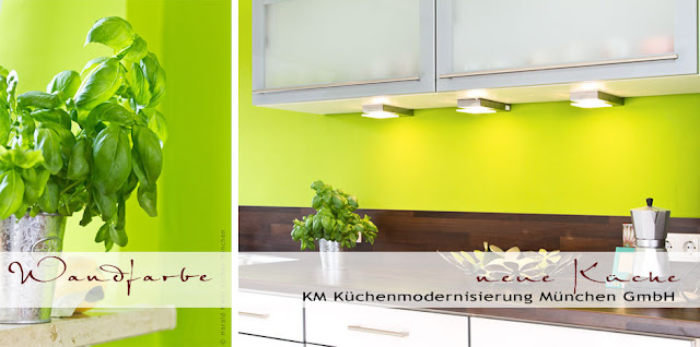 Eine junge, fröhliche Küche in Frühlingsfarben! Grüne Wandfarbe läßt den Frühling ins Haus!