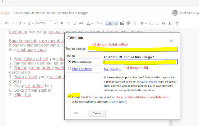Cara membuat internal link dan external link di blogger