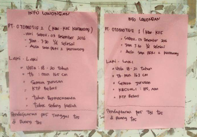 Lowongan Pabrik Otomotif Tes BKK SMK PGRI 2 KARAWANG Tanggal 3 Desember