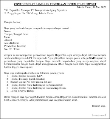 CONTOH SURAT LAMARAN PEKERJAAN UNTUK STAFF IMPORT Contoh Surat Lamaran Pekerjaan Untuk Hukum
