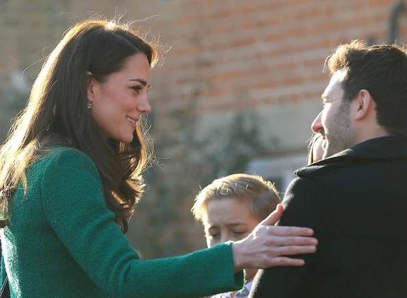 Kate Middleton wore Hobbs Suit and Jacket in Green, LK Bennett suede pumps, Kiki diamond earrings, Mulberry clutch bag