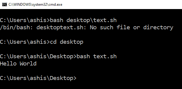 Ejecute archivos de script de Shell desde el símbolo del sistema